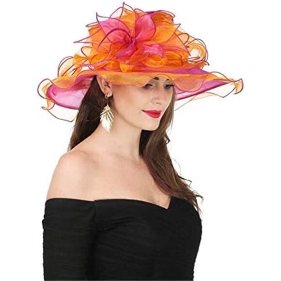 Wide Brim Church Hat Women Orange Rose Derby